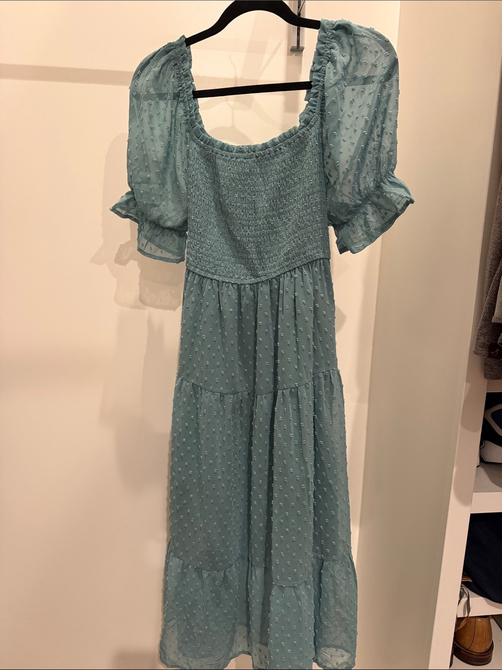 Light Green Swiss Dot Puff Sleeve Maxi Dress